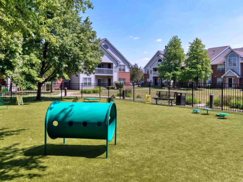 This picture shows the bark park area. Your furry friends are sure to enjoy the different dog park equipment such as dog crawl, Hoop Jumps, and more that works on building confidence, speed, and motor skills.