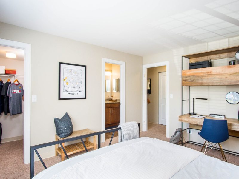 This image shows an expansive view of the Premium Apartment Feature. The area showcases the different rooms that were accessible nearby the bedroom like a door through the bathroom, walk-in closet, and through the living room area.