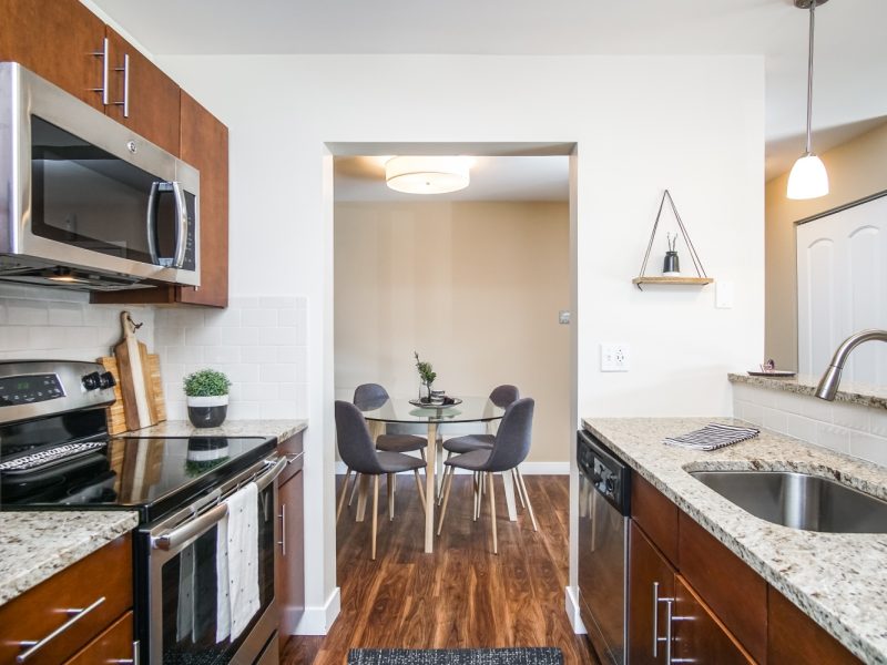 This image shows an expansive view of the Premium Apartment Feature, especially the kitchen island showcasing accessible kitchen pieces of equipment, and an aisle directly through the dining area.